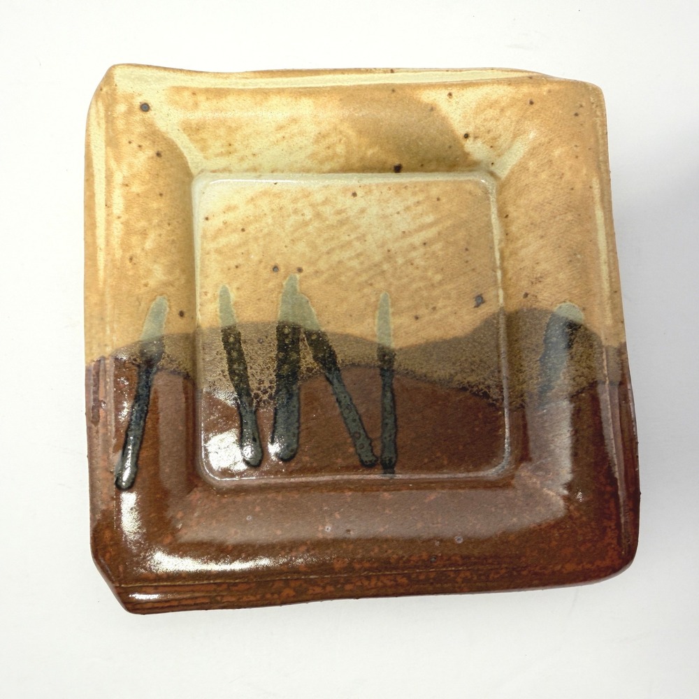 Robison Studio Pottery Square Dish Earth Tone Brown Tan Glaze Signed 5.25" MCM